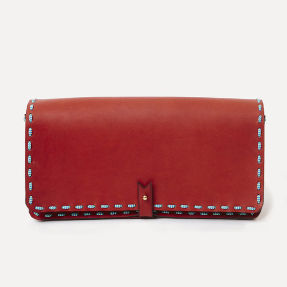 Casanova M red calfskin, green & blue saddle rope