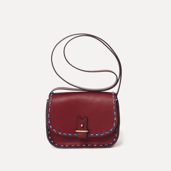 Rohan mini in burgundy calfskin and blue & black saddle rope